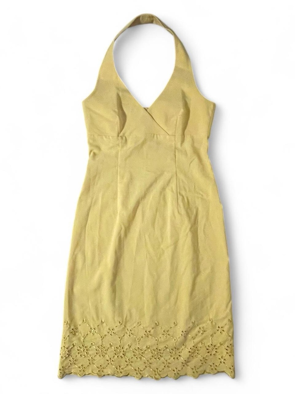 City Triangles Yellow Halter Mini Dress with Scalloped Eyelet Hem